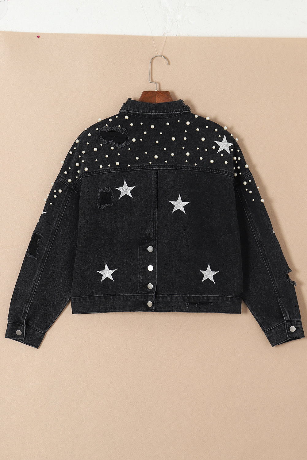 Schwarz Distressed Pearls Star Cropped Jeansjacke