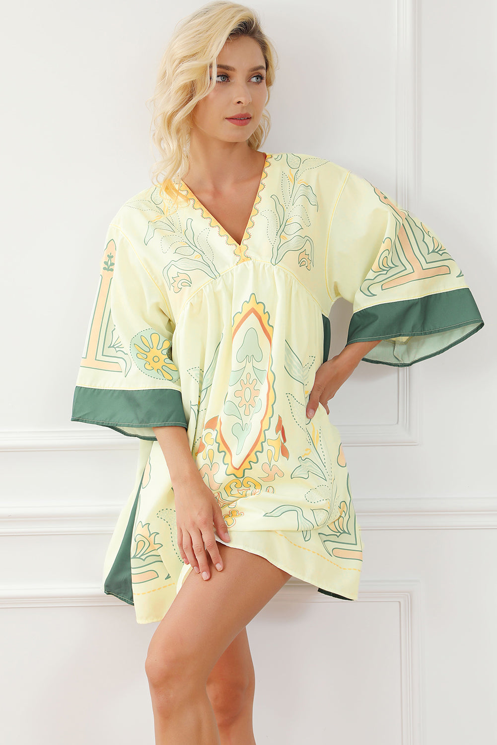 Robe kimono courte multicolore à imprimé bohème, col en V, taille empire