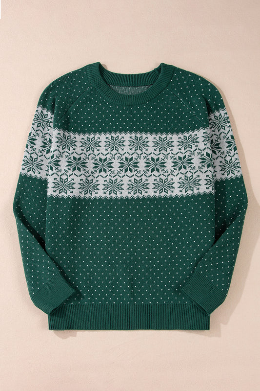 Green Snowflake Pattern Drop Shoulder Christmas Sweater Plus Size