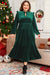 Robe midi en velours vert noirâtre à col volanté et taille haute, grande taille