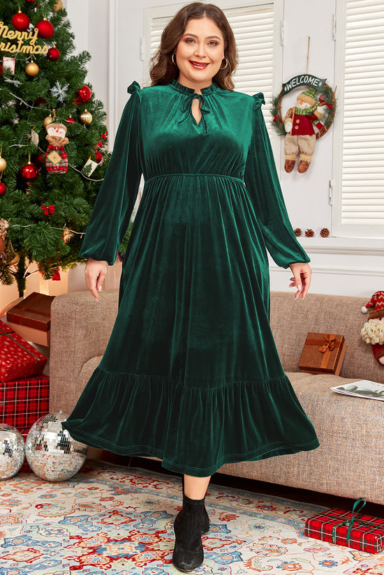 Robe midi en velours vert noirâtre à col volanté et taille haute, grande taille