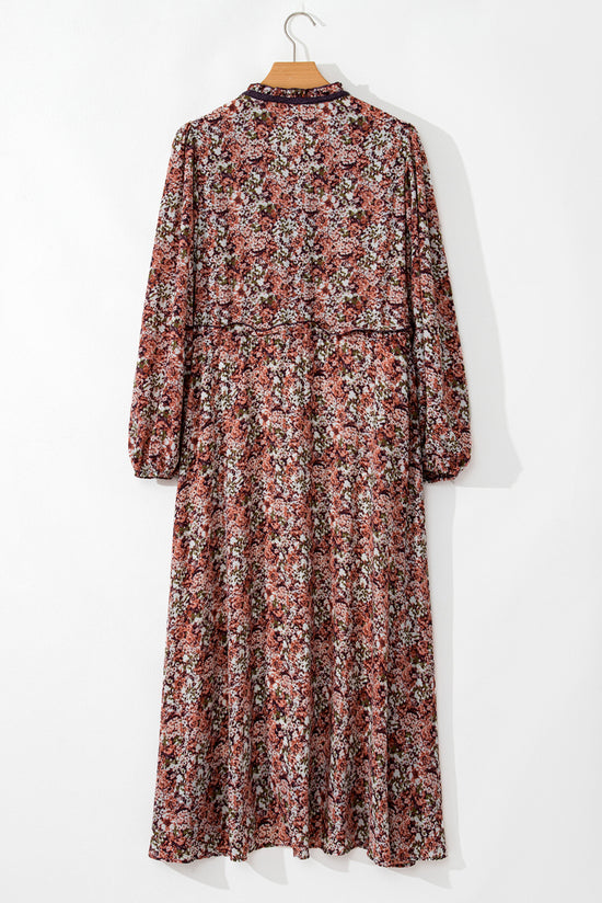 Robe midi à imprimé floral fendue sur le devant et à volants et col en V marron