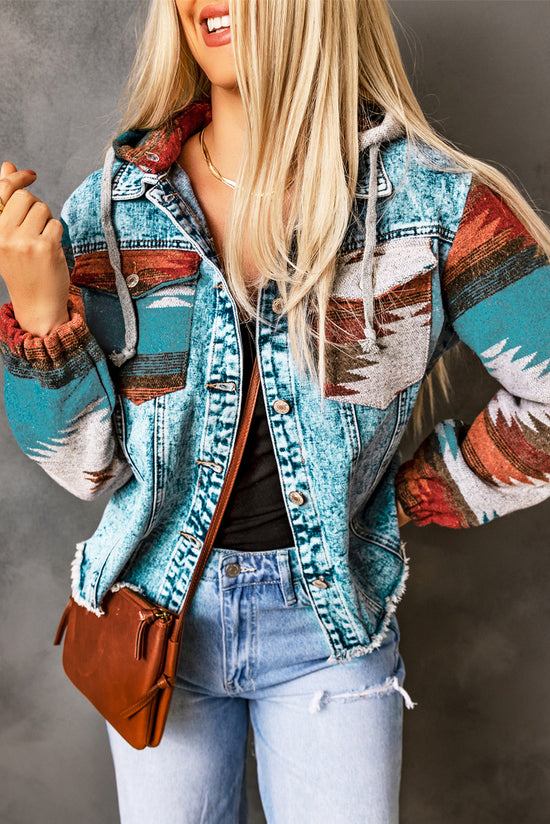 Multicolored Aztec Print Denim Jacket with Frayed Hem