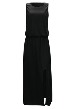 Solid black sleeveless long tunic dress with slit