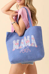 Grand sac cabas en toile à imprimé MAMA fleuri et nœud