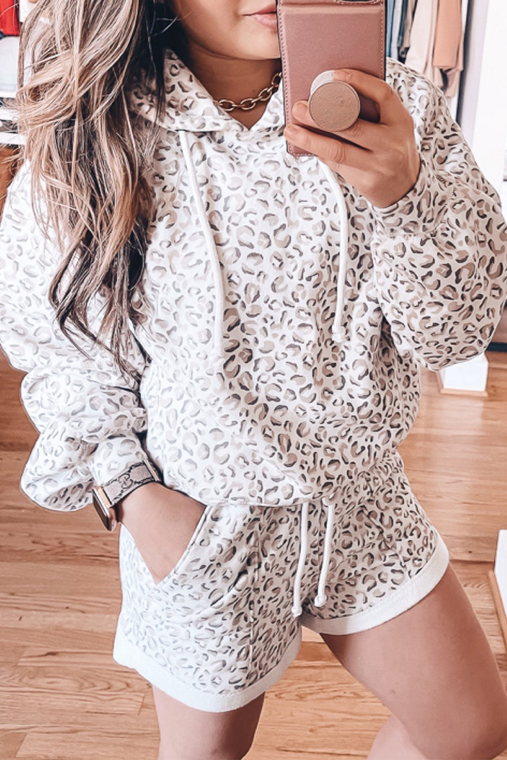 Classic White Leopard Hoodie and Shorts Set