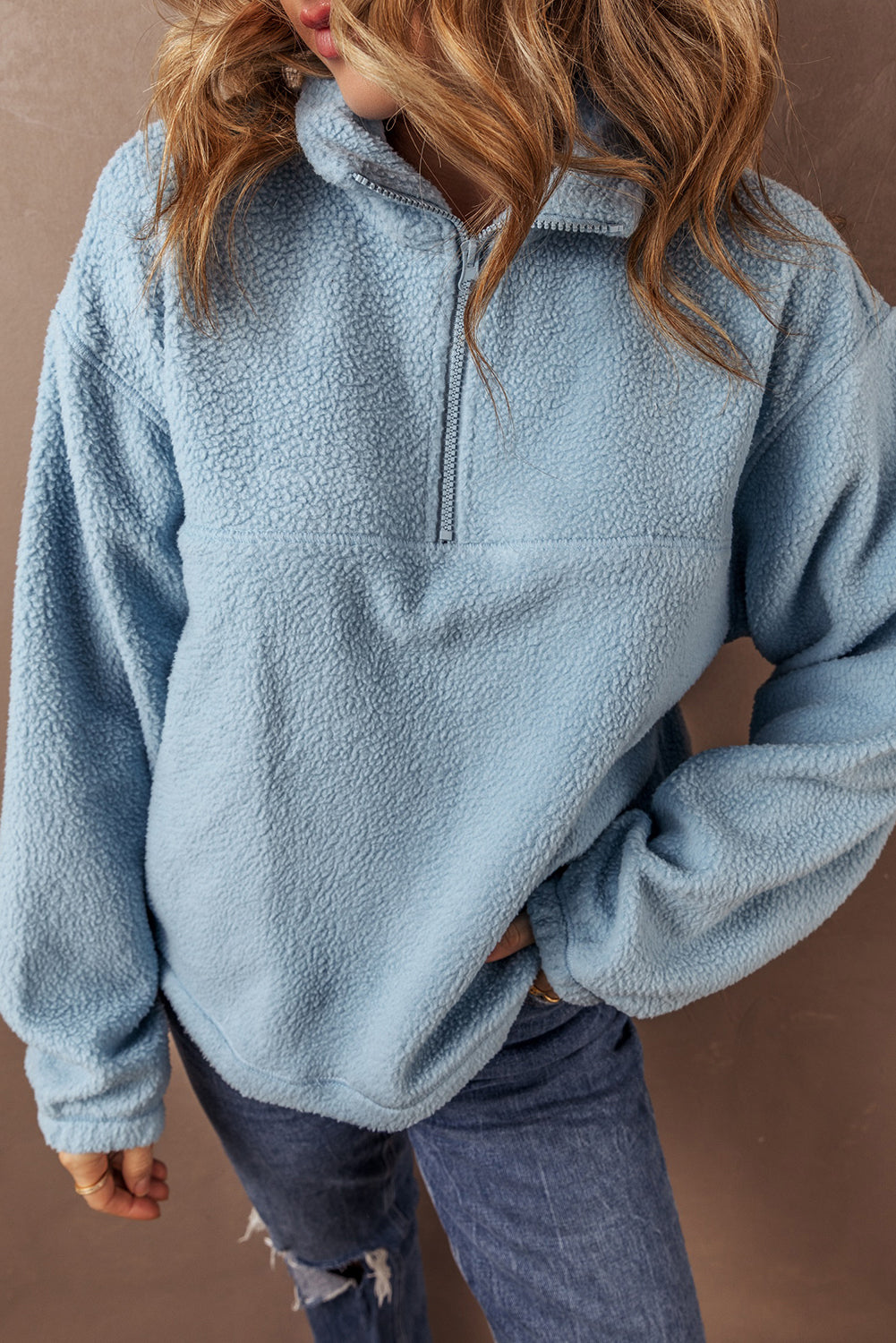 Myosotis Dropped Shoulder Zip-Up Fleece Sweatshirt