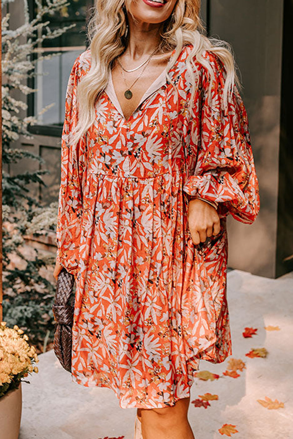 Mid-length orange dress with floral print, large size *