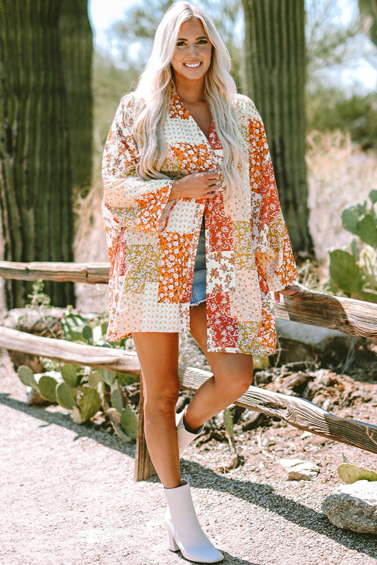 Boho style patchwork floral open white kimono