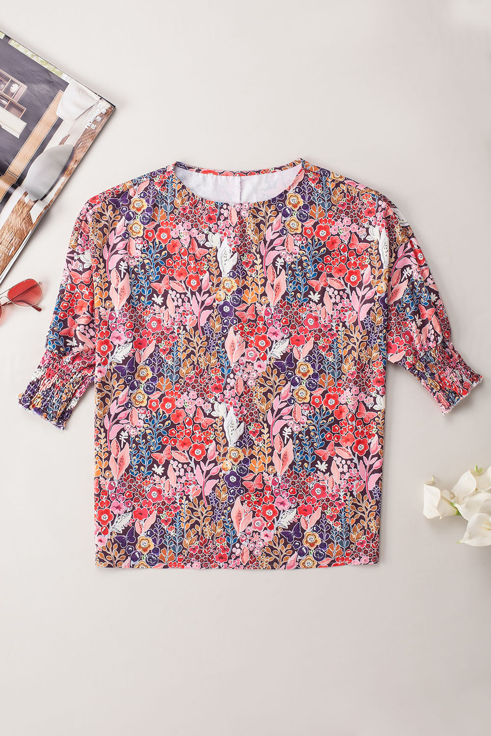 Blouse tunique froncée à manches 3/4 et imprimé floral multicolore-A WOMAN WE LOVE