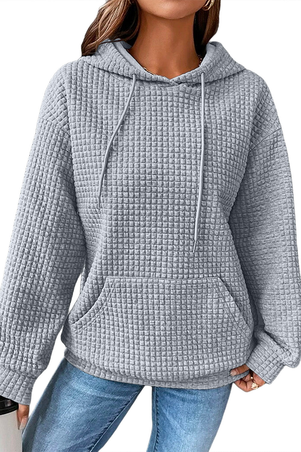 Gray Quilted Kangaroo Pocket Drawstring Hoodie