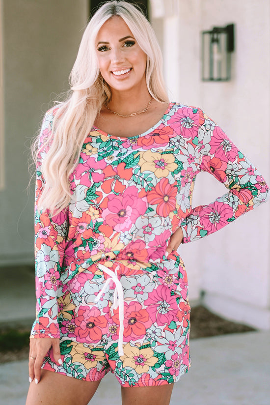 Living room set with multicolored floral print sweater and tightening shorts