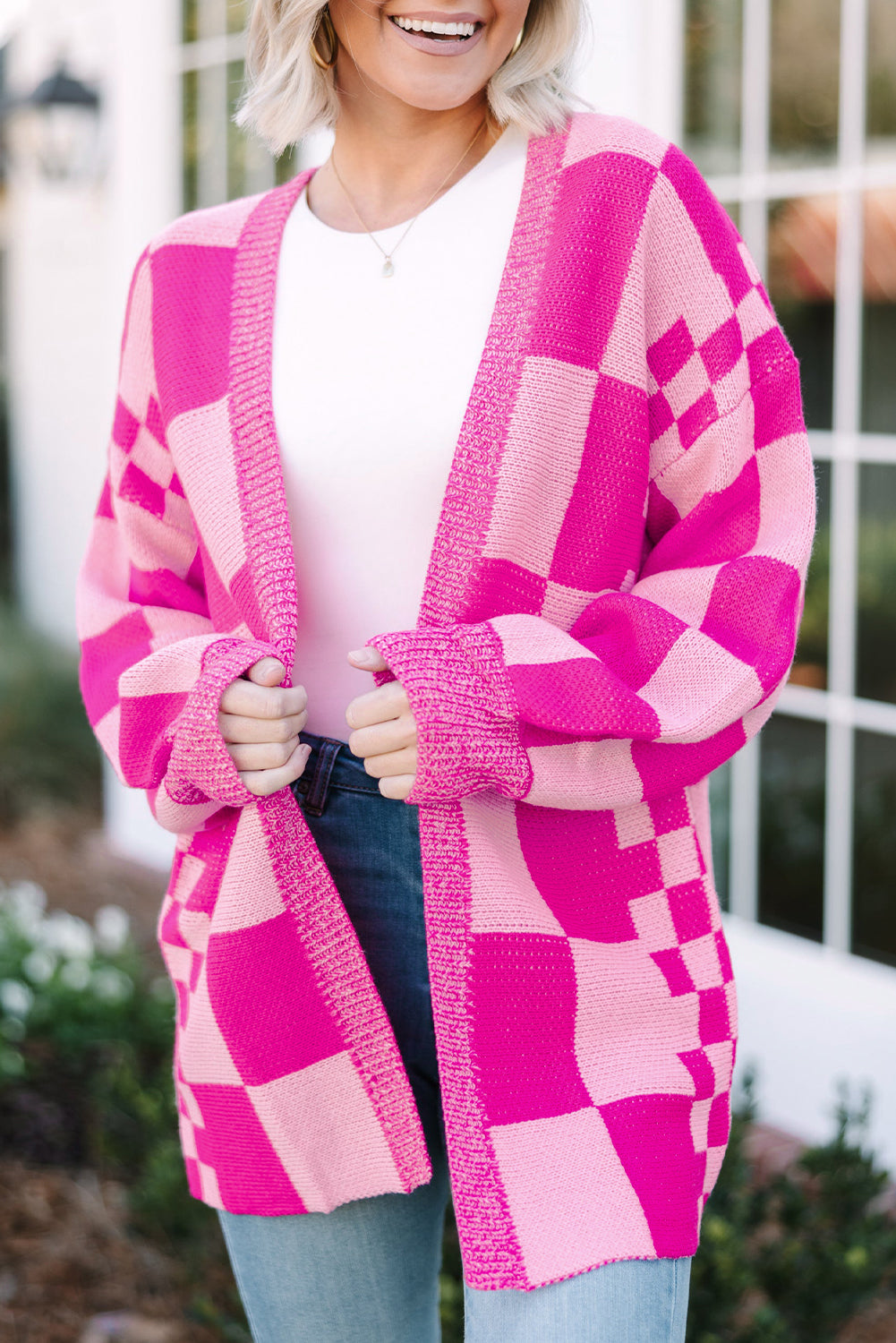 Cardigan ouvert sur le devant à bordure côtelée imprimé à carreaux rouge rose-A WOMAN WE LOVE