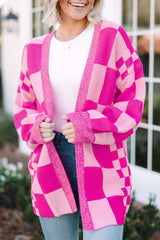 Cardigan ouvert sur le devant à bordure côtelée imprimé à carreaux rouge rose-A WOMAN WE LOVE