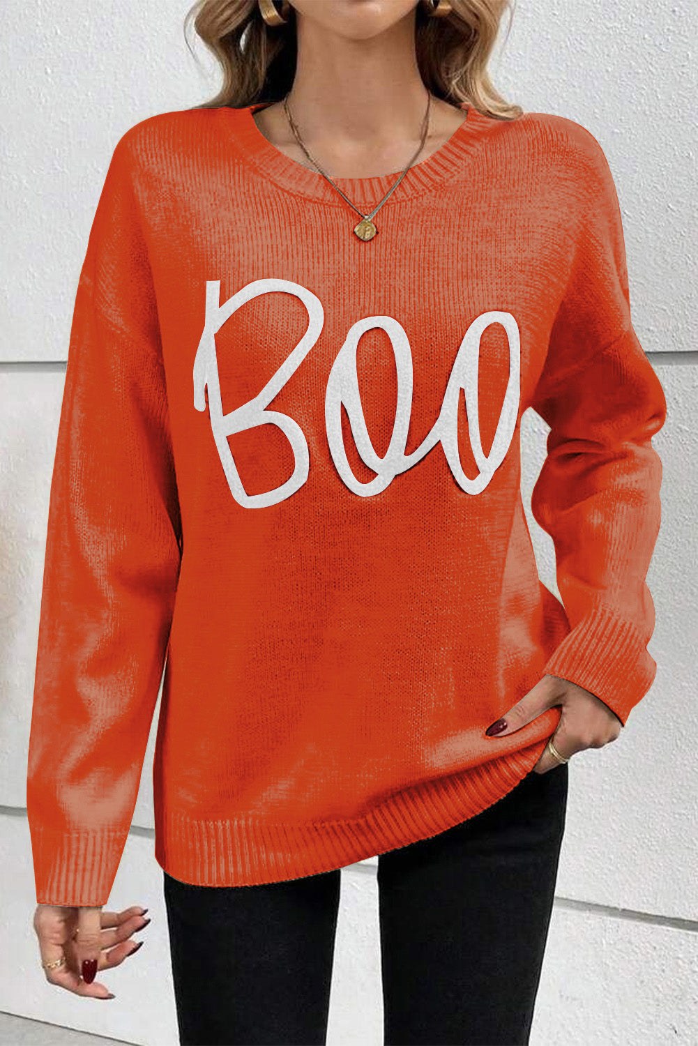 Orange Boo - Pull tricoté à bords côtelés et épaules tombantes