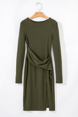 Long sleeve-fried mini-robe and jungle green ribbed side slit