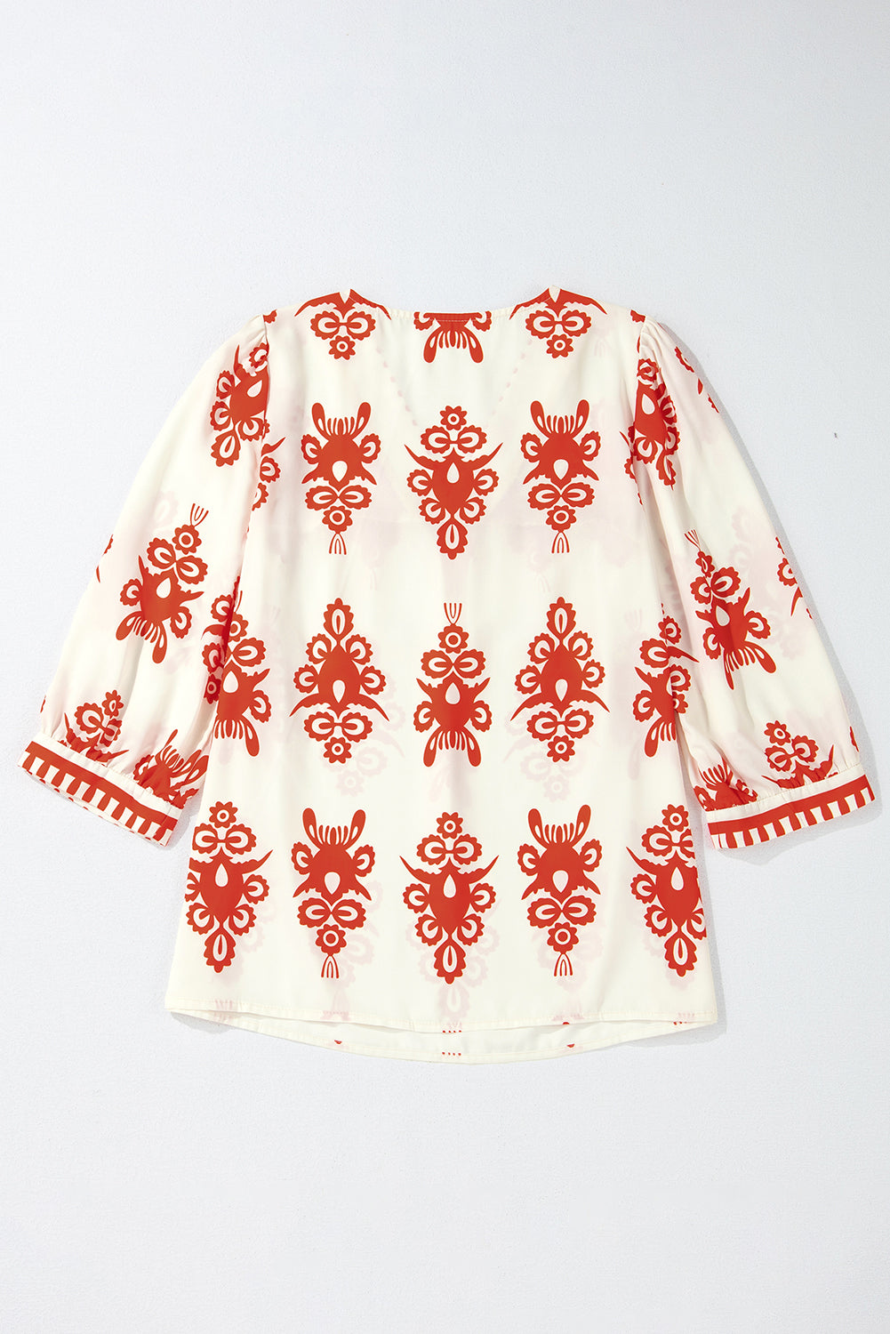 Orange Vintage Geometric Printed 3/4 Sleeve V Neck Blouse