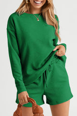 Ensemble haut texturé vert à manches longues et short à cordon de serrage-A WOMAN WE LOVE