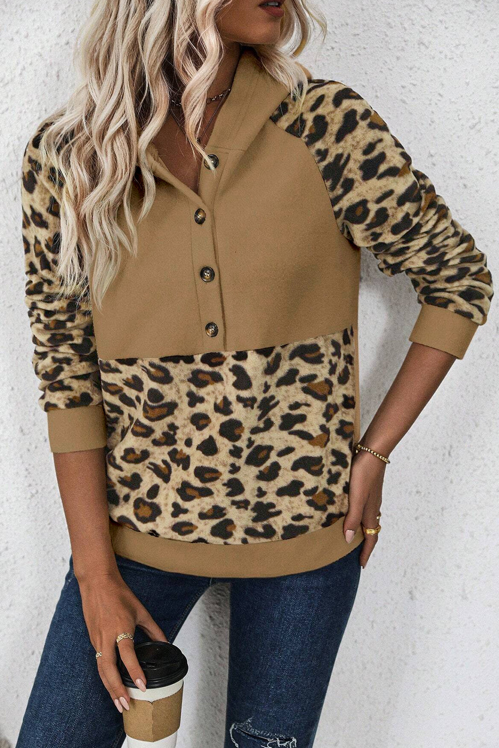 Light Beige Leopard Print Patchwork Half Button Raglan Sleeve Hoodie