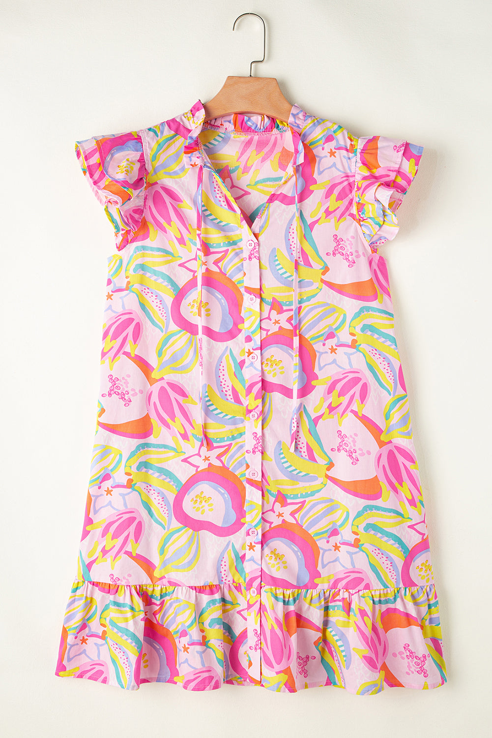 Robe boutonnée à manches flottantes et à volants floraux abstraits rose