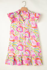 Robe boutonnée à manches flottantes et à volants floraux abstraits rose