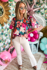 Blouse à col en V cranté à  rose-A WOMAN WE LOVE