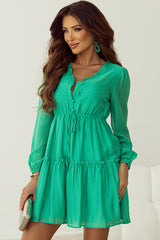 Straight ruffled mini dress with v-neck, puff sleeves, drawstring, sea green