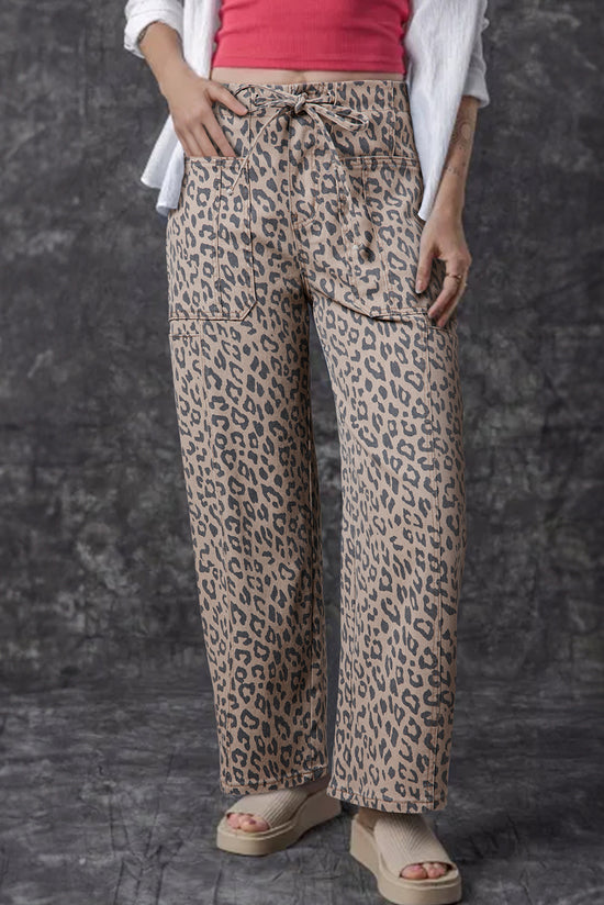 Jeans wide khaki leopard printed khaki with tightening cord and pocket at the waist