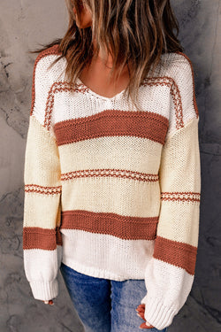 Knitted V-neck sweater with lantern sleeves