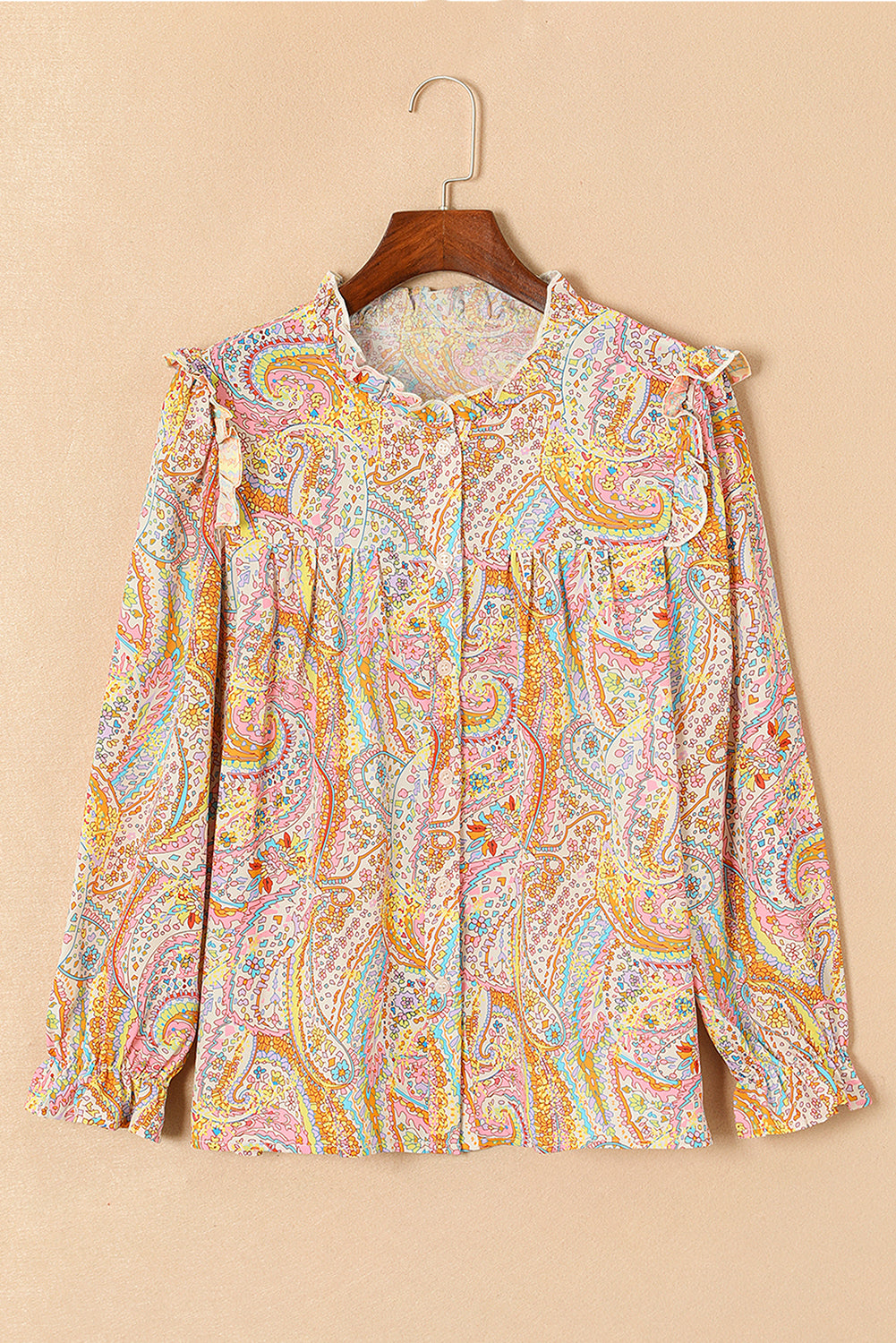 Jaune Paisley Print Ruffled Trim Boho Shirt