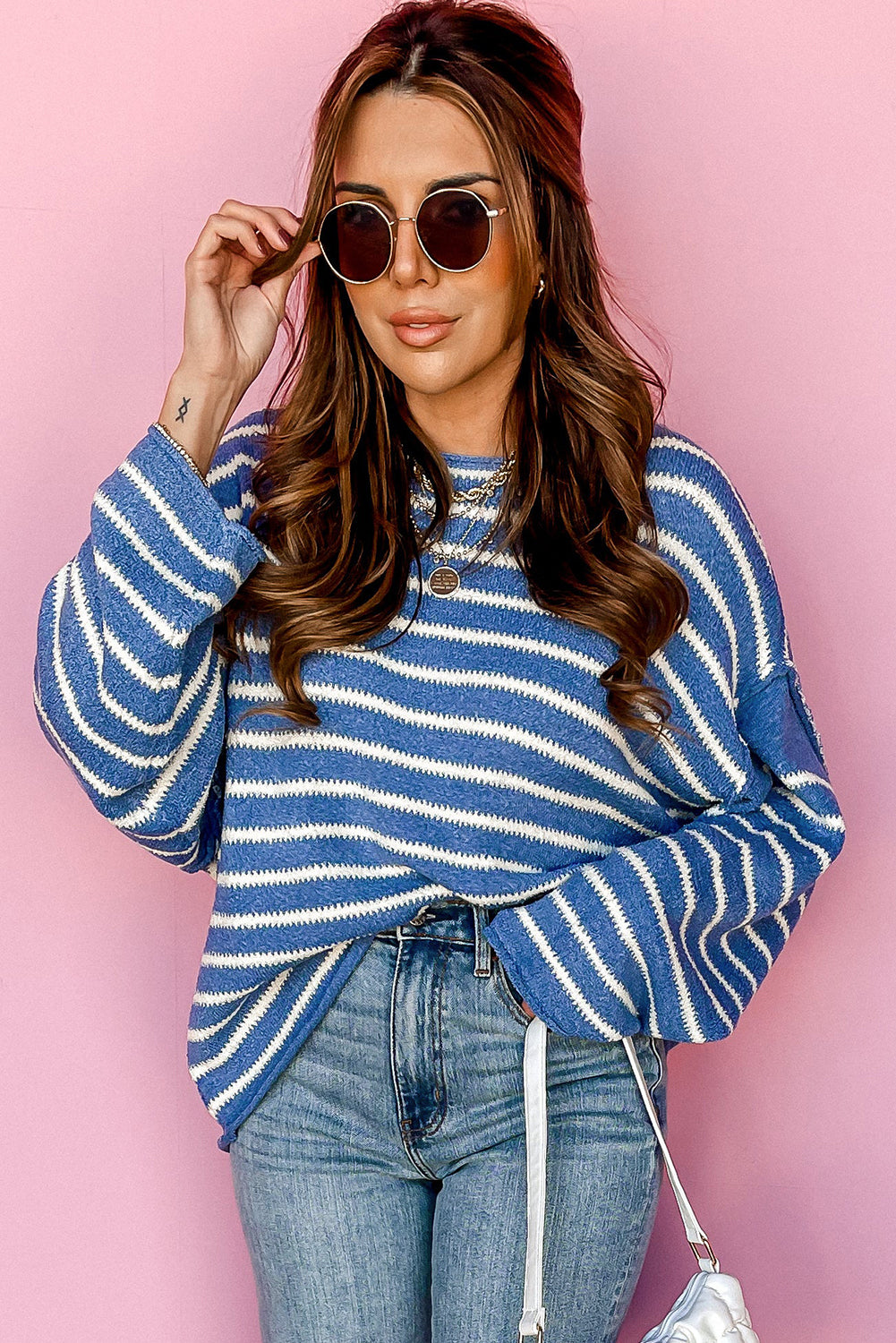 Sky blue striped sweater with dropped shoulders, round neck, plus size