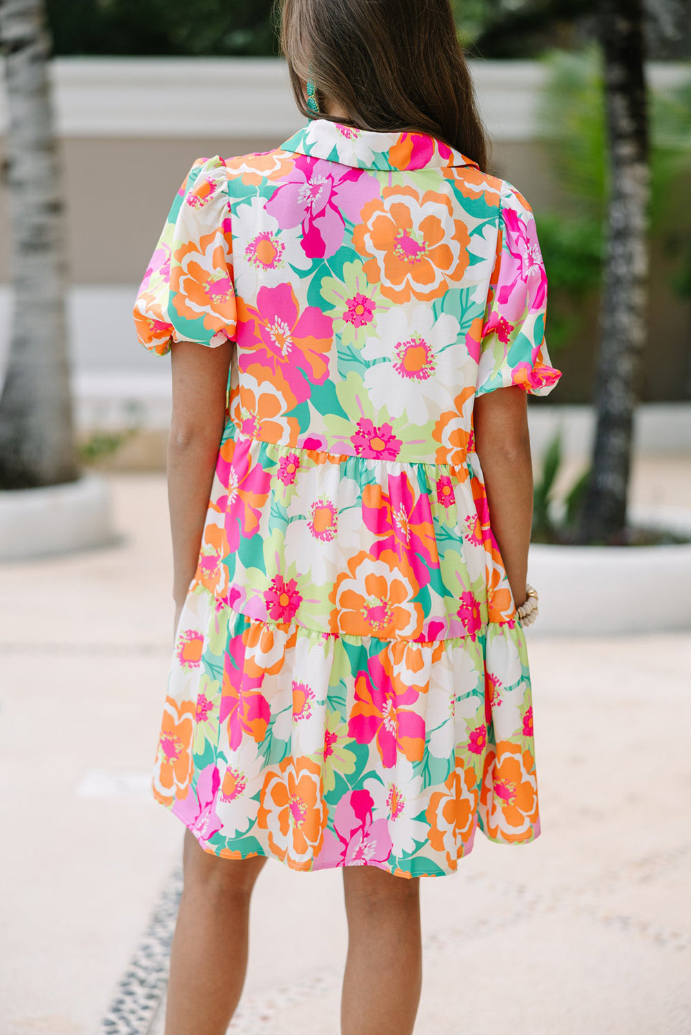 Pink Floral Puff Sleeve Buttoned Babydoll Dress