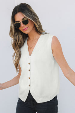 Gilet pull boutonné blanc à col en V