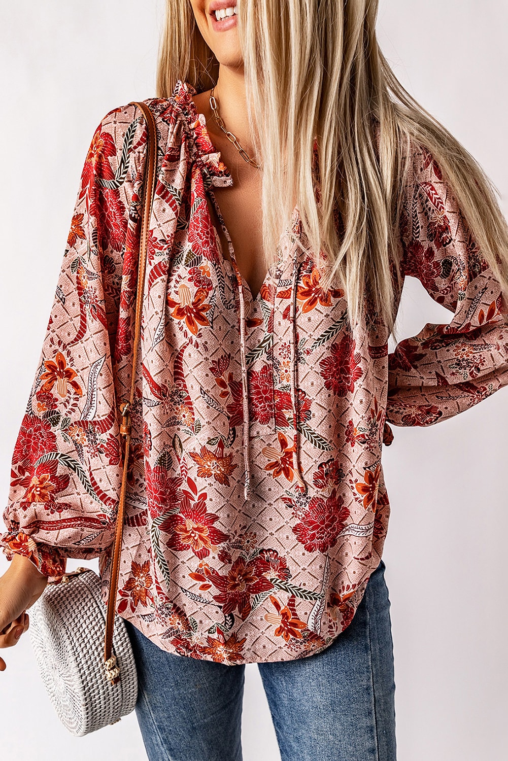 Blouse imprimée rose fendue à col en V-A WOMAN WE LOVE