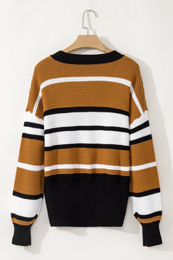 Brown Contrast Stripe Textured Knit V-Neck Sweater