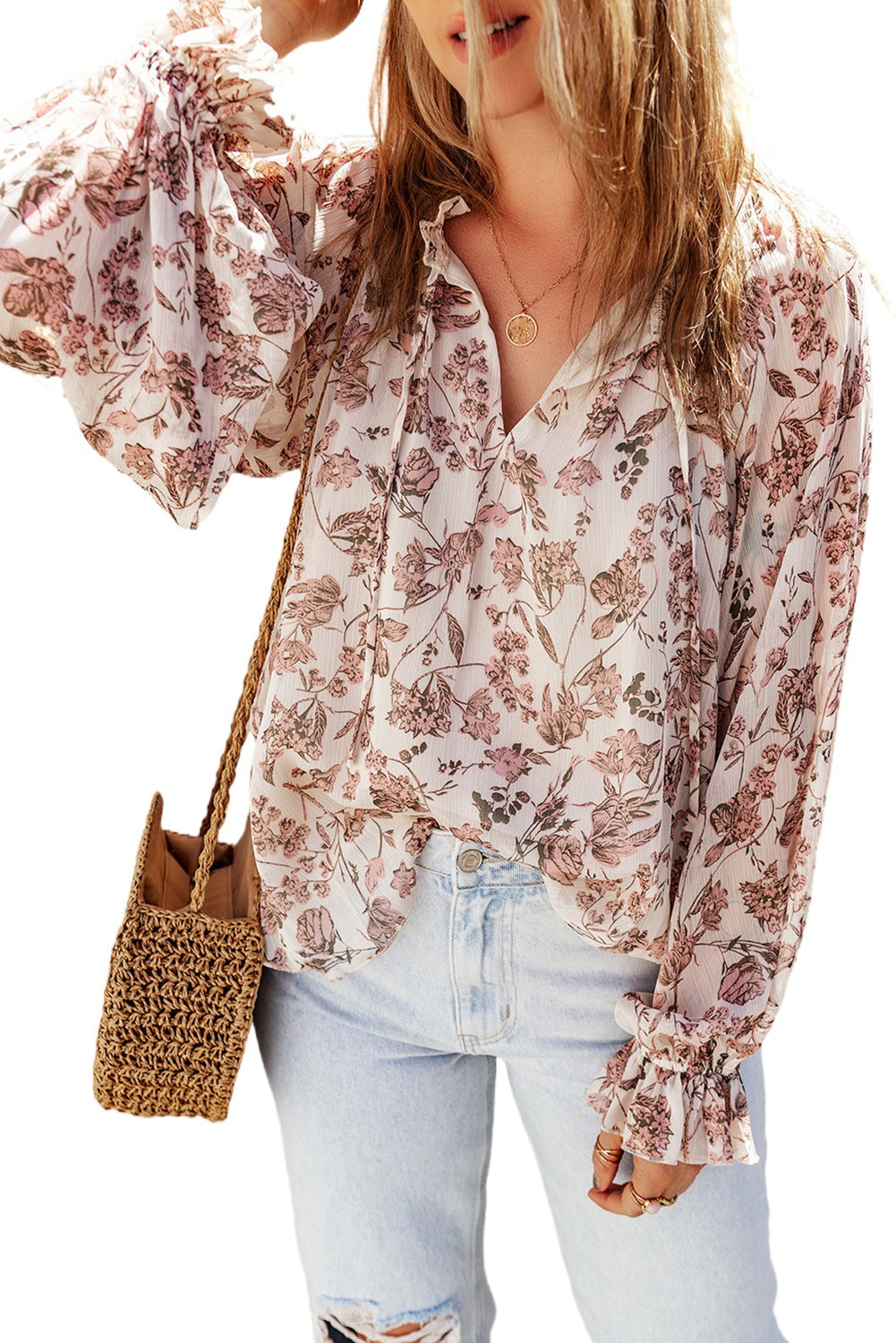 Boho Blumendruck geteilt V Hals Blasenhülle Bluse