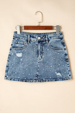 Mini-jupe taille haute en Jean effet vieilli avec strass *