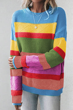 Light blue sweater with drooping shoulders and mixed textures color block