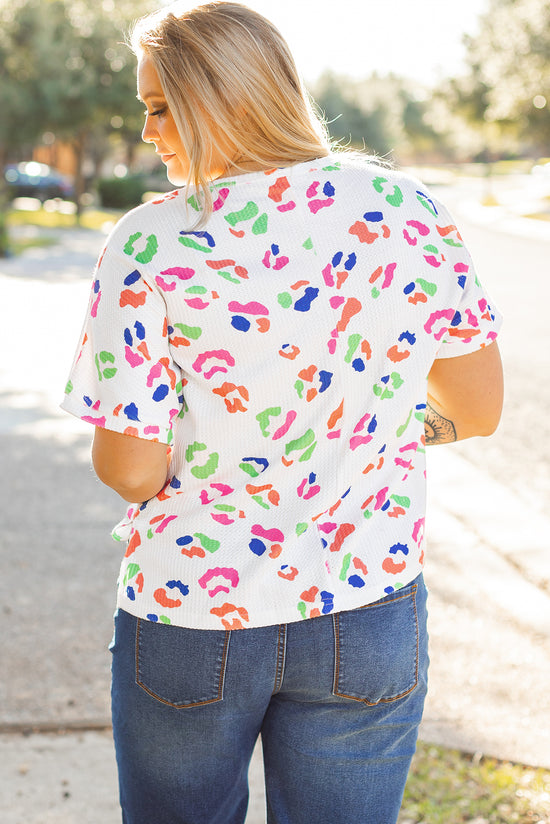 T-shirt texturé blanc à imprimé léopard grande taille *