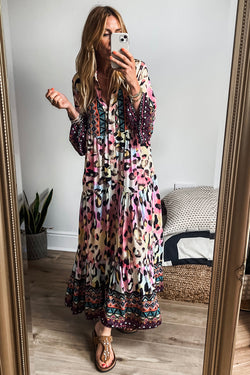 Western Leopard Print Maxi Dress with 3/4 Sleeves Button Front Tiered Pink