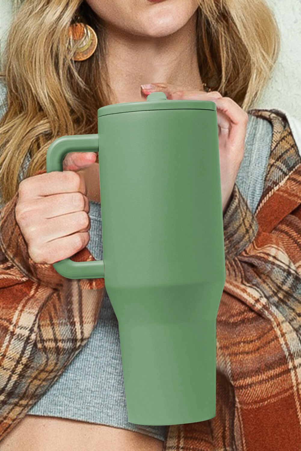 Grande tasse sous vide avec poignée en acier inoxydable givré vert foncé avec paille 40oz