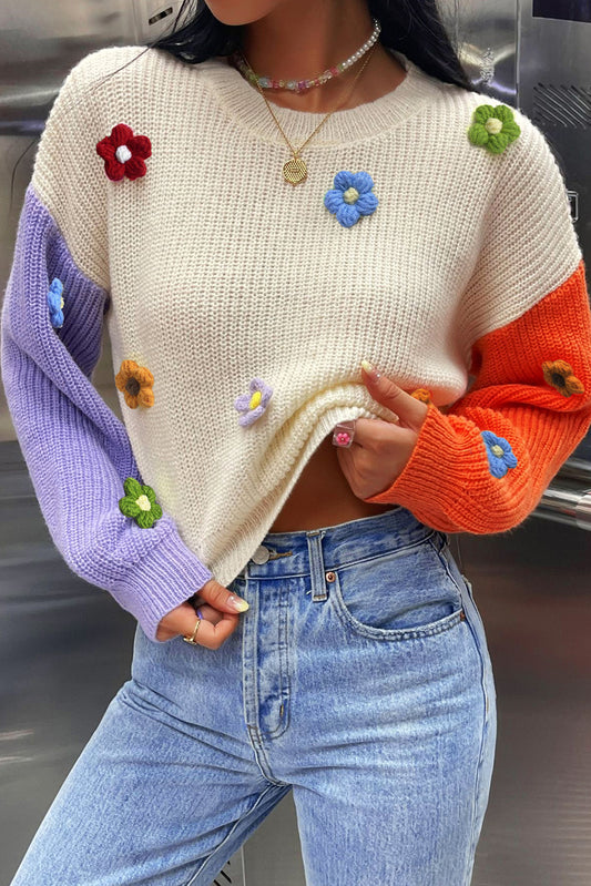 Maglione a goccia di gocce di applique di fiore multicolore