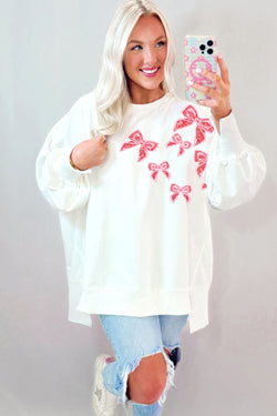 White Oversized Sequin Sweatshirt with Bow Tie, Top and Bottom