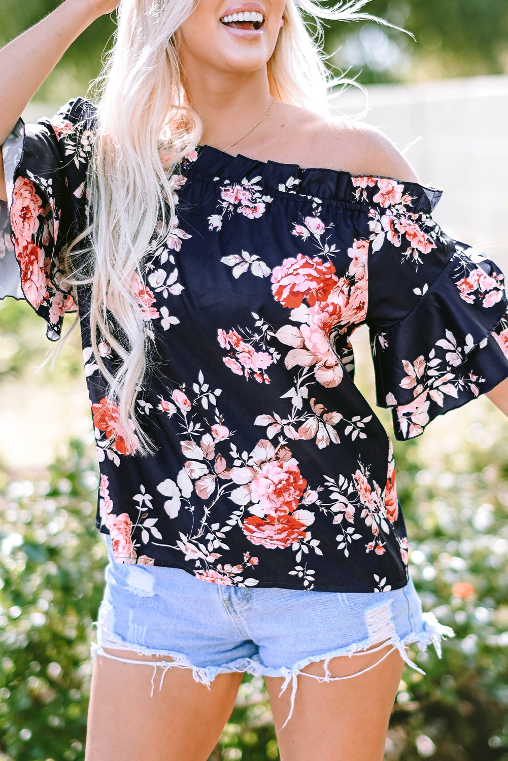 Blue Bluffle Off Blouse Floral à manches à manches