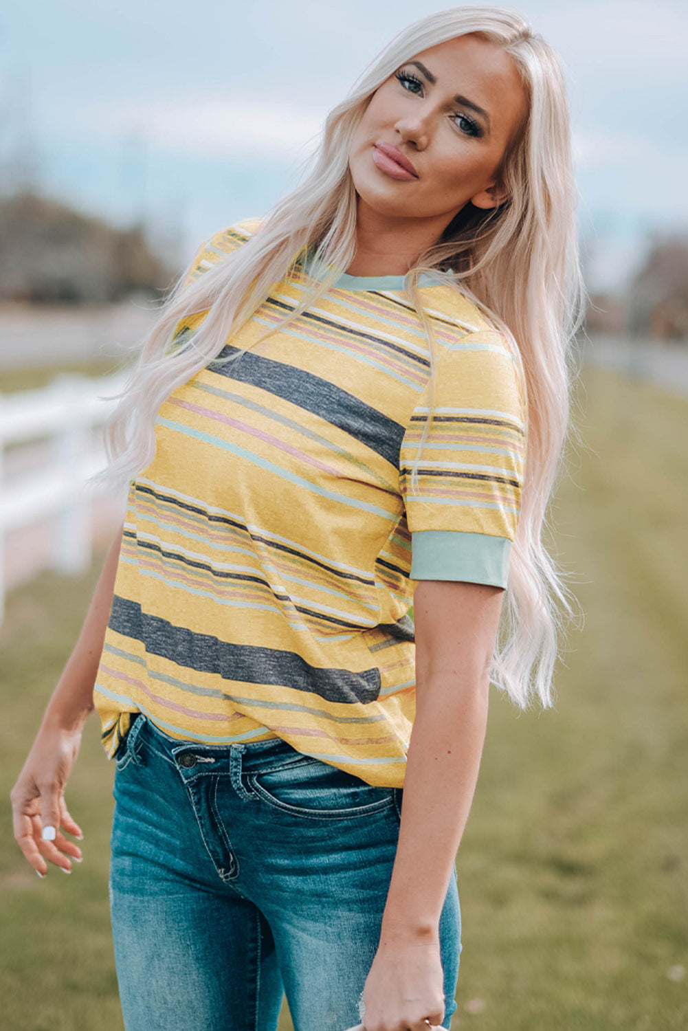 Multicolored round stripe round neck t-shirt