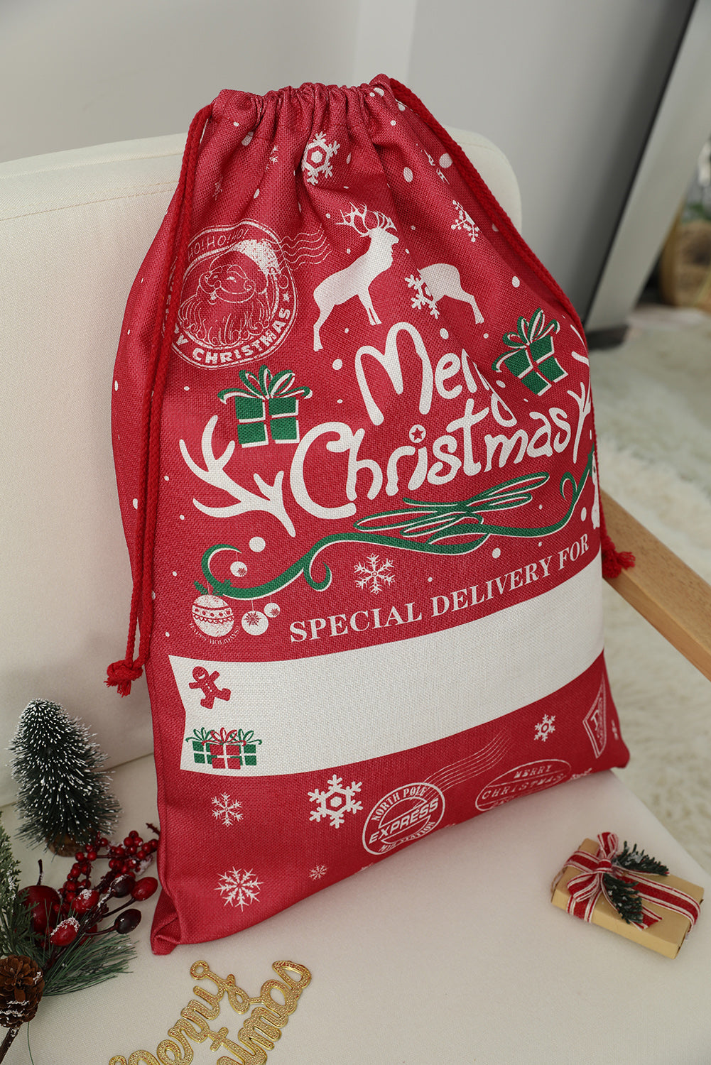 Grand sac cadeau de Noël blanc avec cordon de serrage 50 x 66 cm