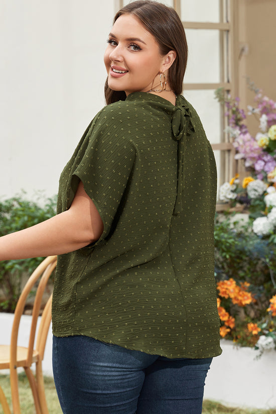 Plus Size Moss Green Swiss Polka Dot Top with High Neck and Tie Neck