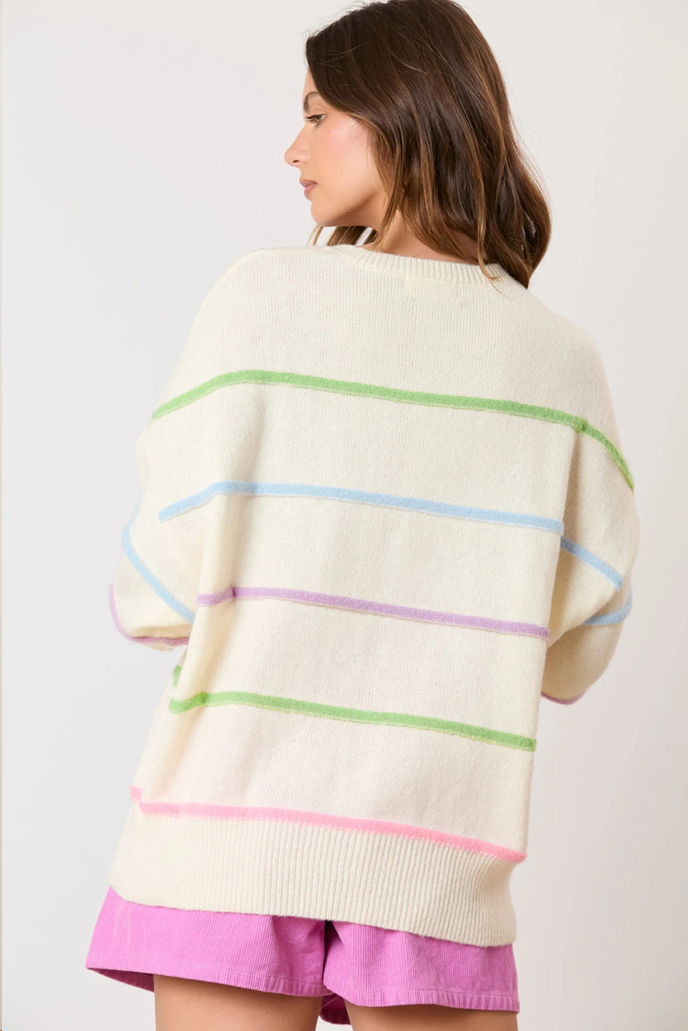 White Rainbow Striped Drop Shoulder Baggy Henley Sweater