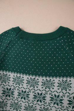 Pull de Noël vert à motif de flocon de neige et épaules tombantes, grande taille