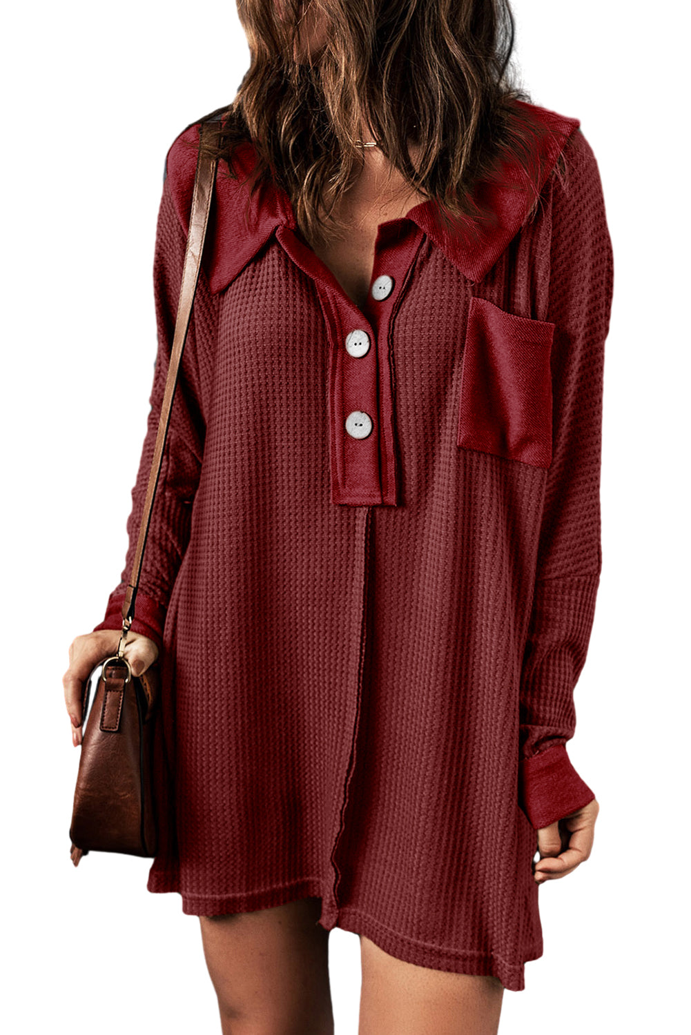 Red Waffel strickte Buttoned Long Sleeve Top